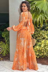 Orange Printed Maxi Dress with Cut Out