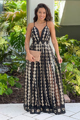 Black And Gold Embroidered Tulle Maxi Dress