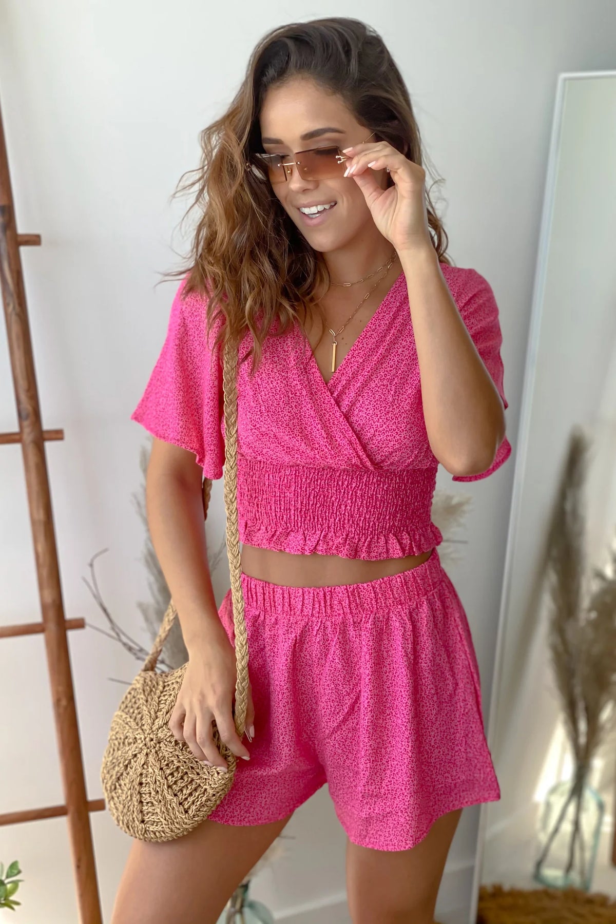 Pink Smoked Top and Shorts Set