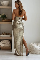 Gold Sequin Maxi Dress With Slit