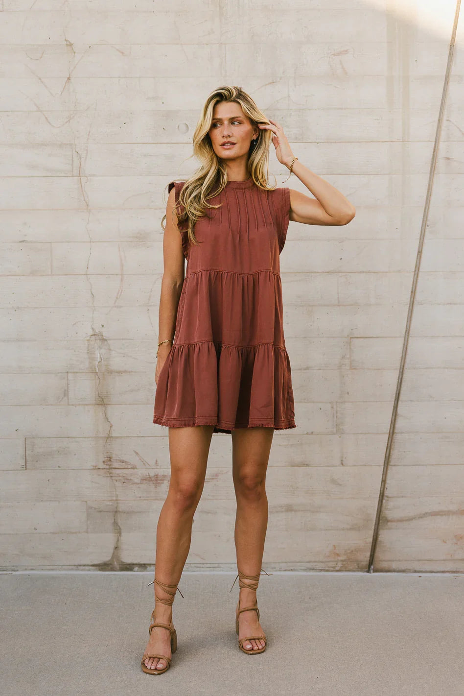 Regina Pleated Mini Dress in Brick FINAL SALE