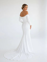 Simple White Boho Mermaid Long Wedding Dress with Sleeves