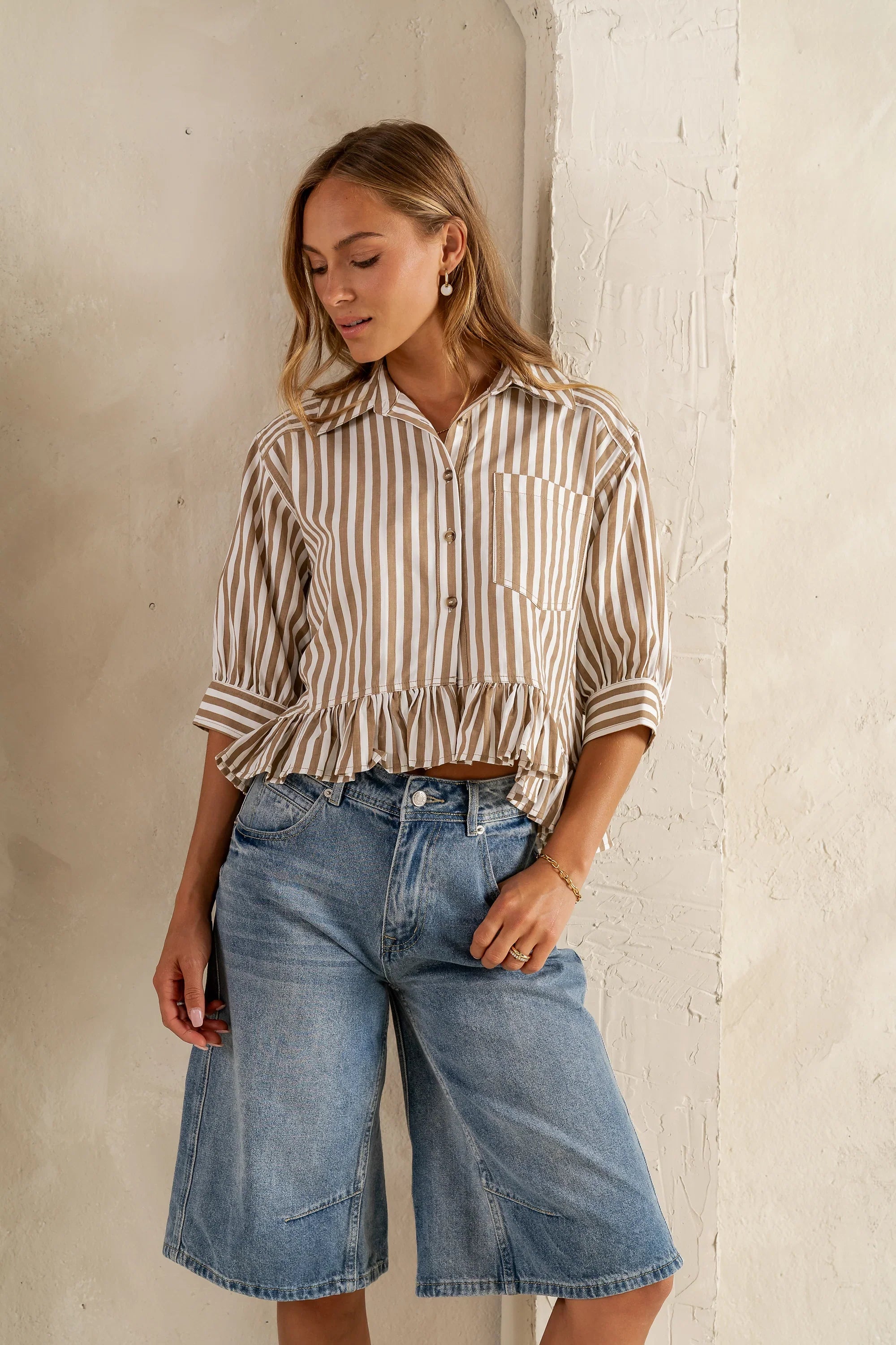 Avery Striped Blouse in Tan FINAL SALE