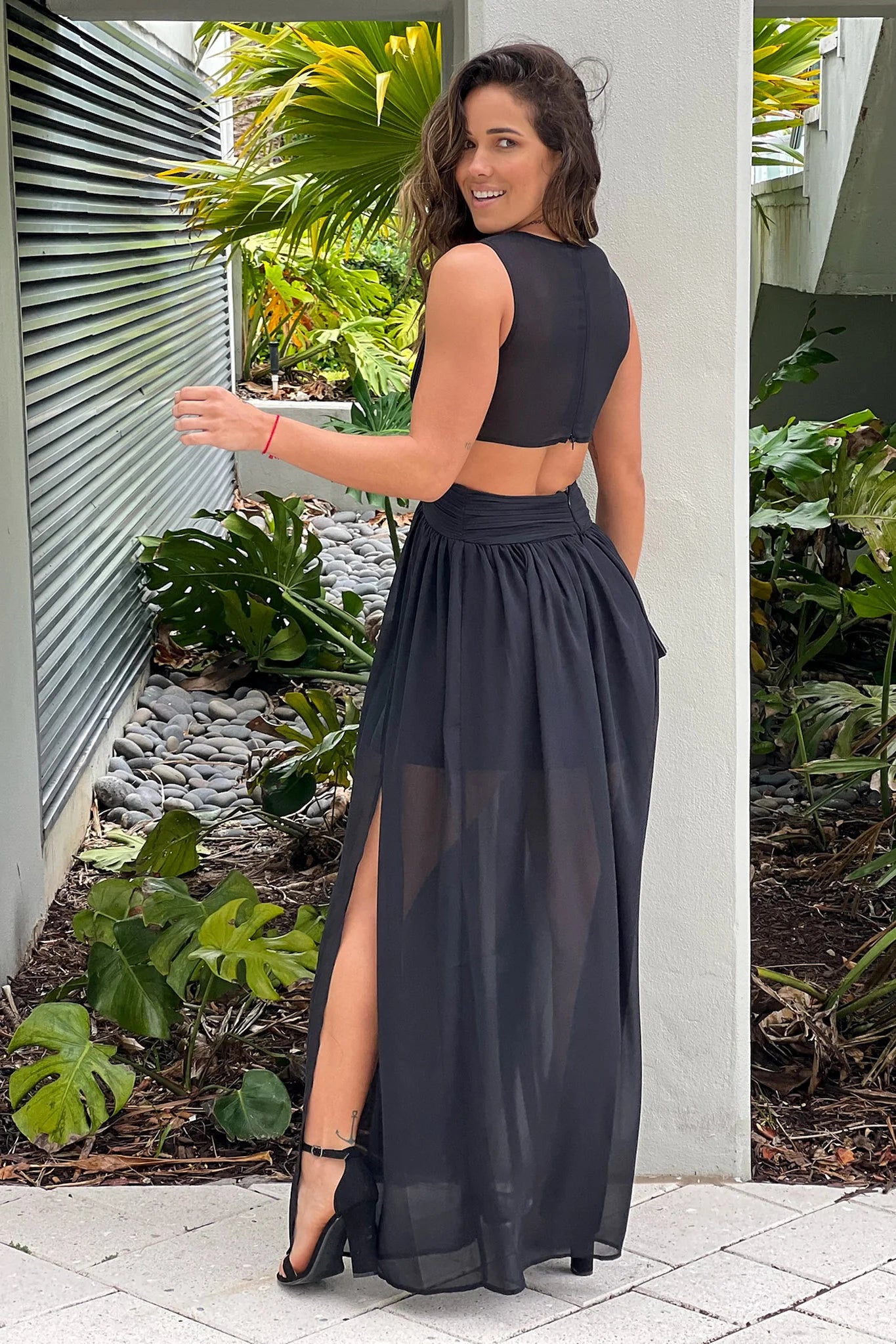 Black V Neck Maxi Dress With Slit And Pleated Top Detail