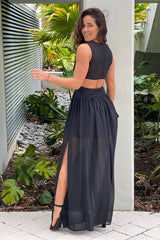 Black V Neck Maxi Dress With Slit And Pleated Top Detail