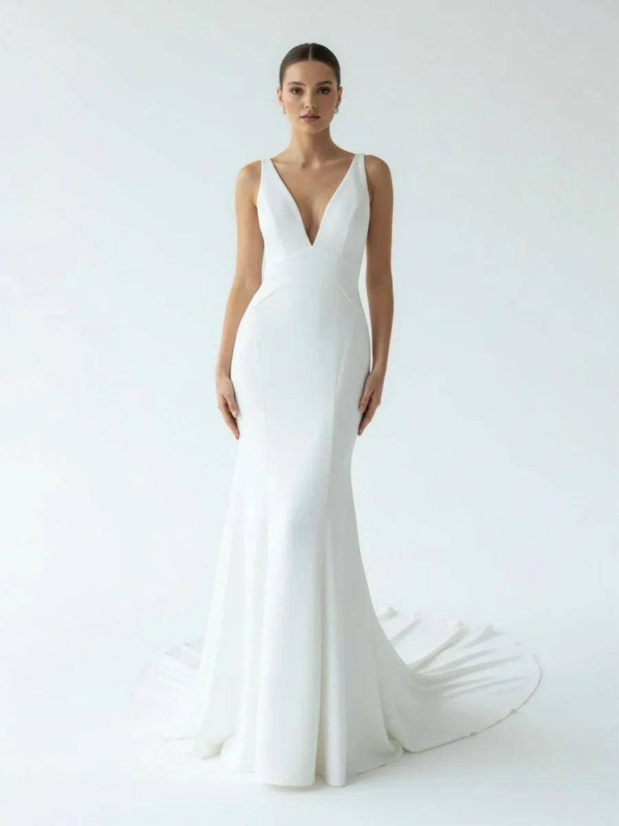 Simple Mermaid V Neck Satin White Wedding Dresses