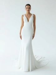 Simple Mermaid V Neck Satin White Wedding Dresses