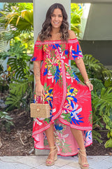 Red Printed High Low Dress