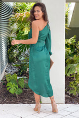 Hunter Green One Shoulder Satin Midi Dress