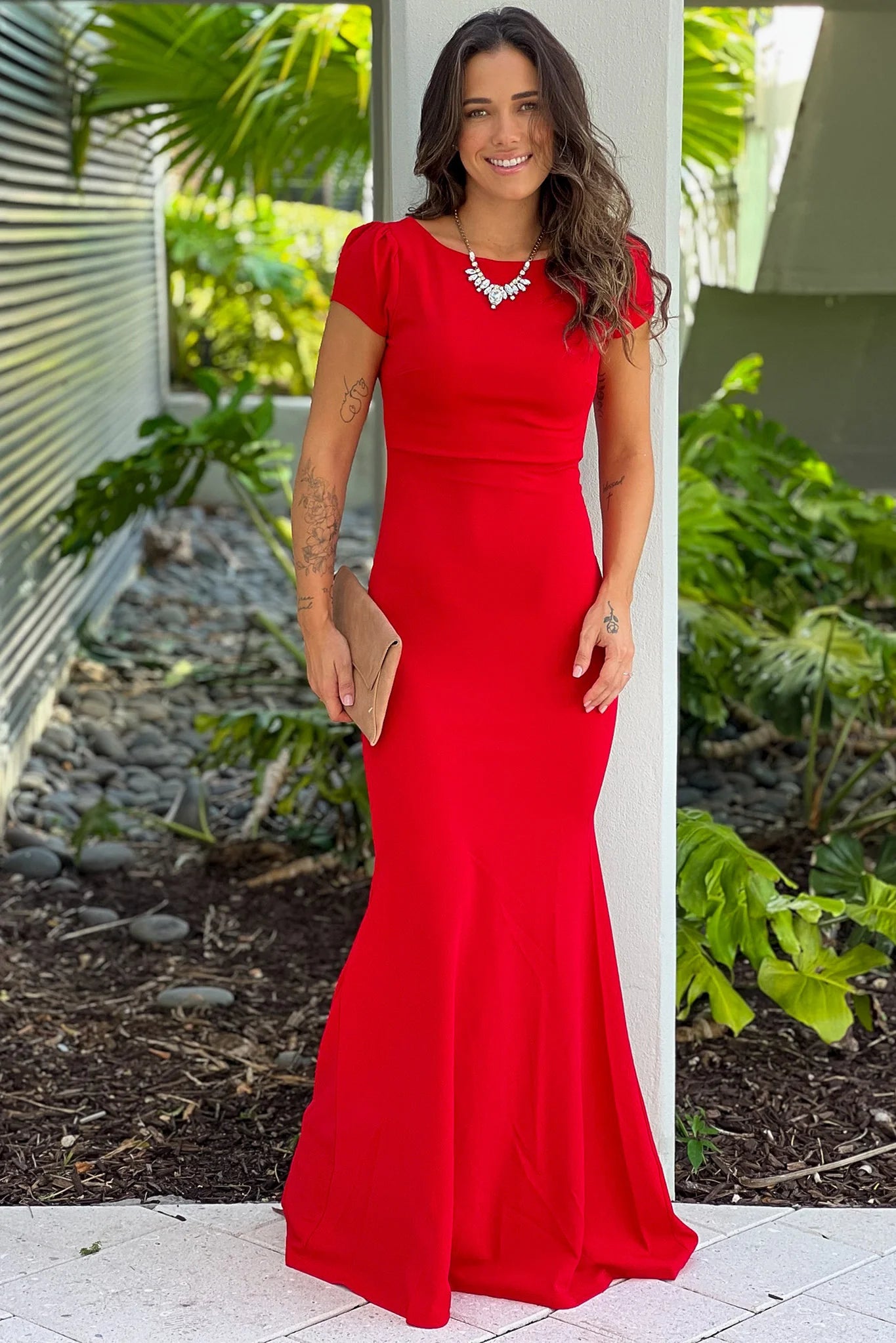 Red Cap Sleeve Maxi Dress With Open Back