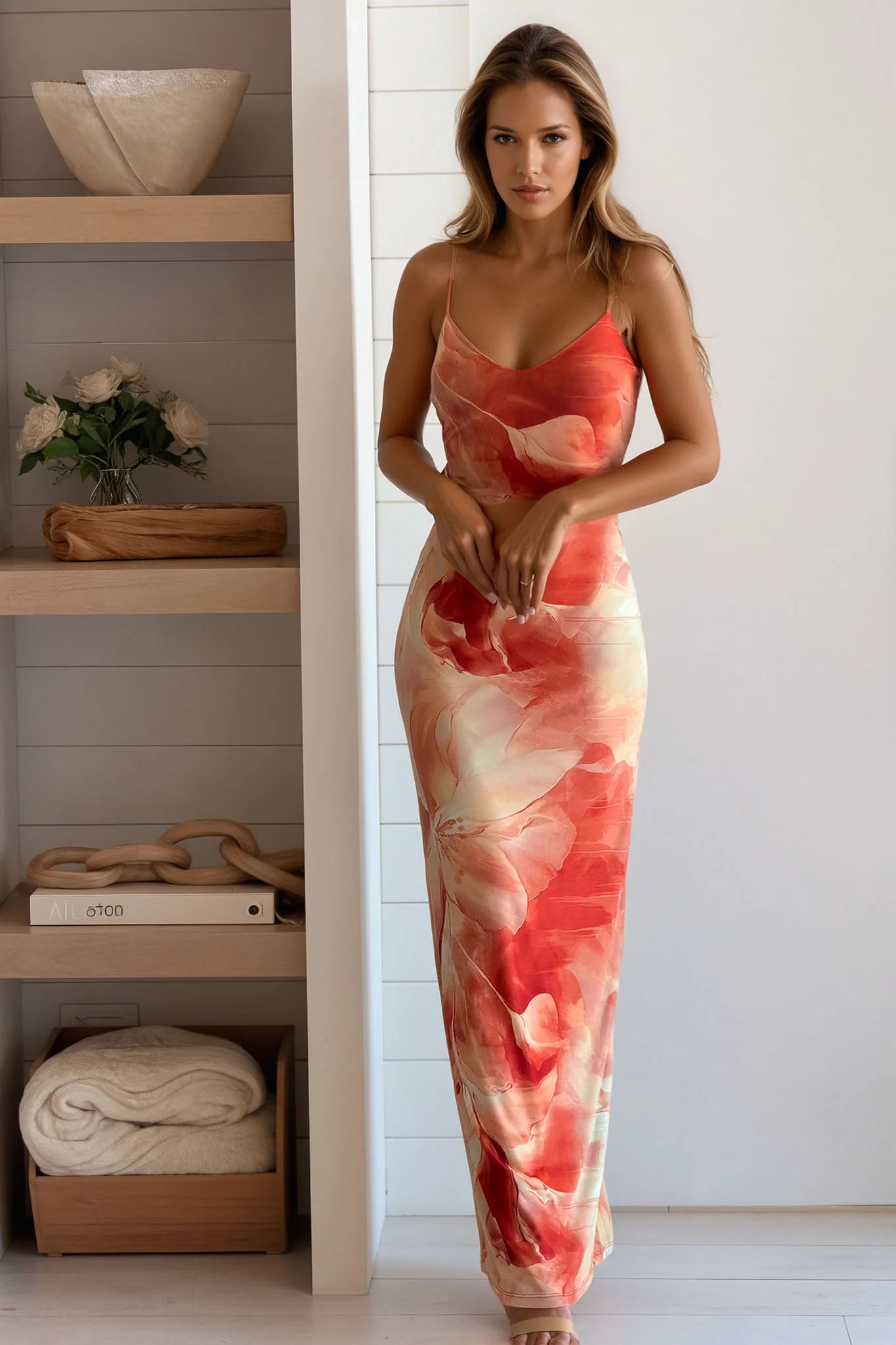 Orange Floral V Neck Maxi Dress