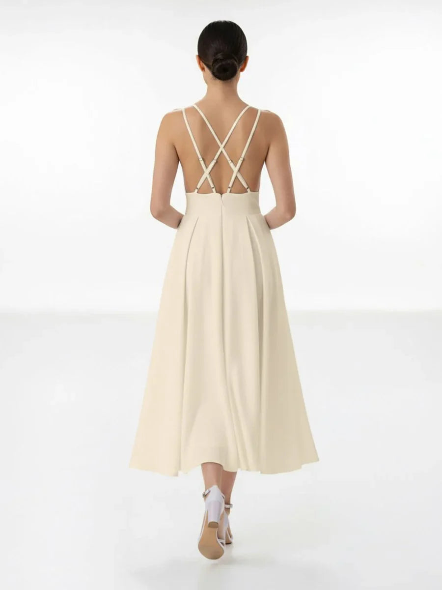 A Line V Neck Sleeveless Satin Knee Length Wedding Dress