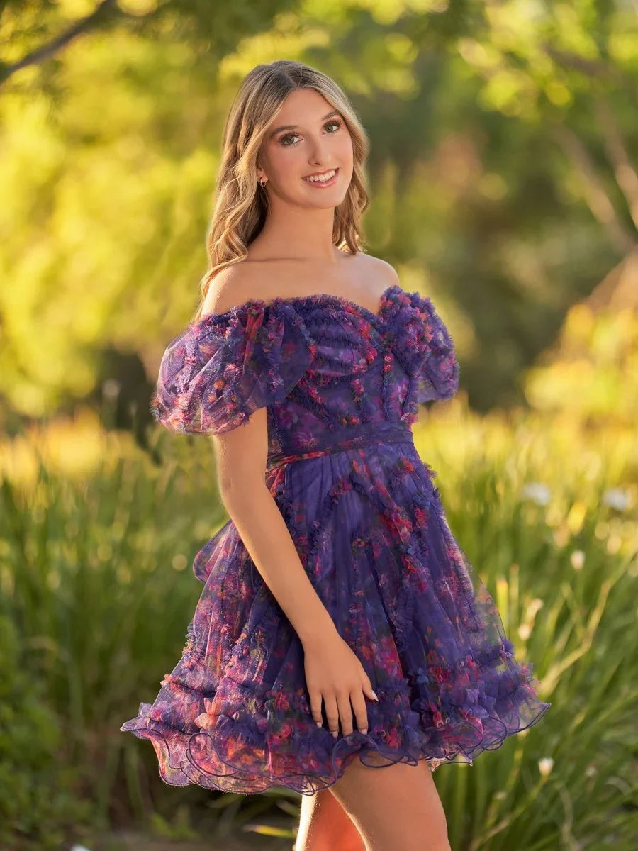 Ivana A Line Off the Shoulder Printed Tulle Short Homecoming Dress