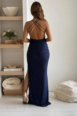 Navy Glitter Maxi Dress With Side Slit