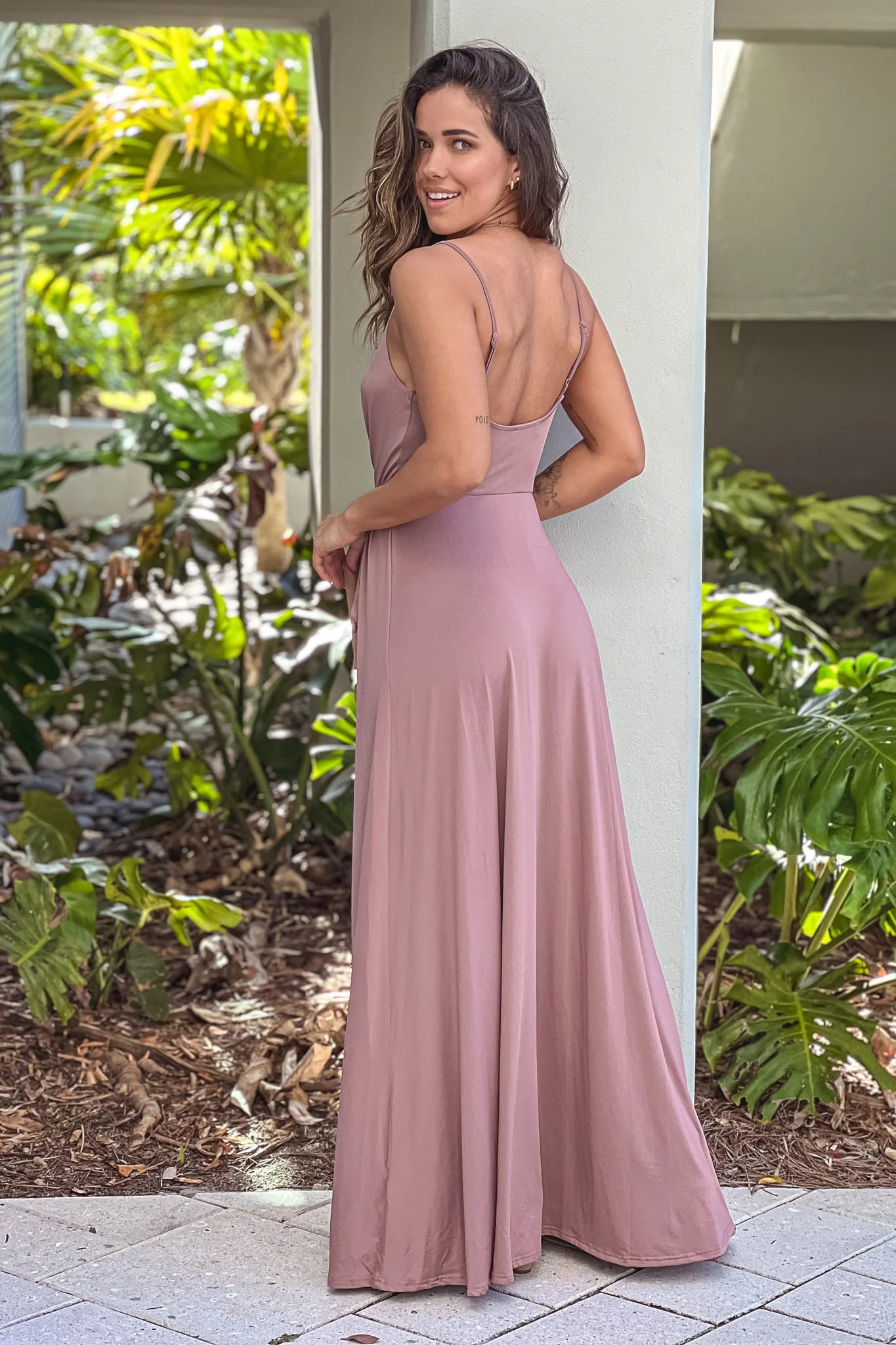 Blush V Neck Maxi Dress With Tie And Slit