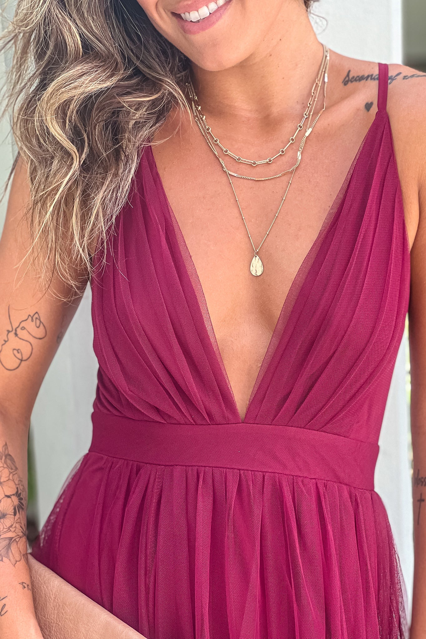 Wine Mesh V Neck Maxi Dress