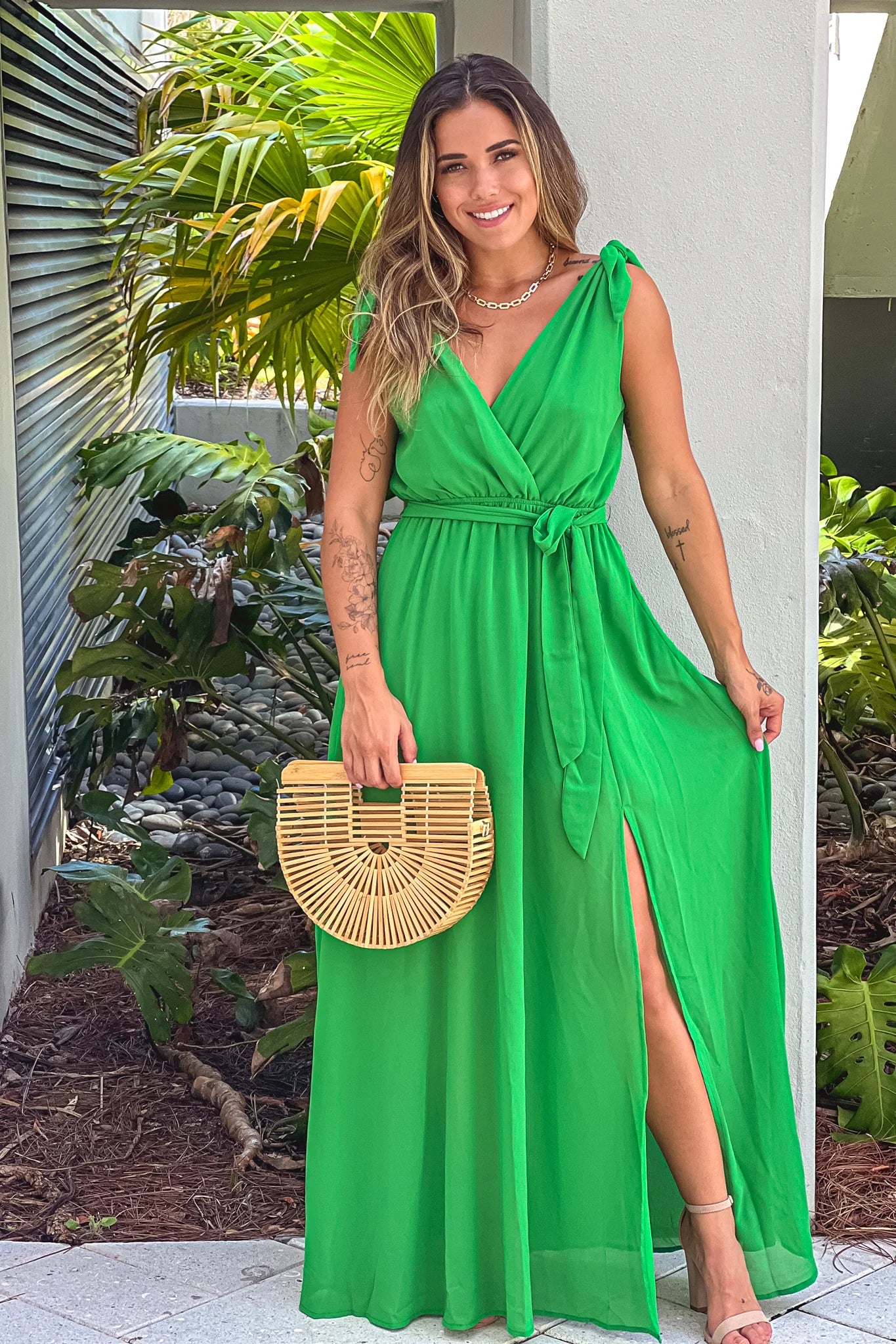 Green V Neck Maxi Dress With Tie Straps