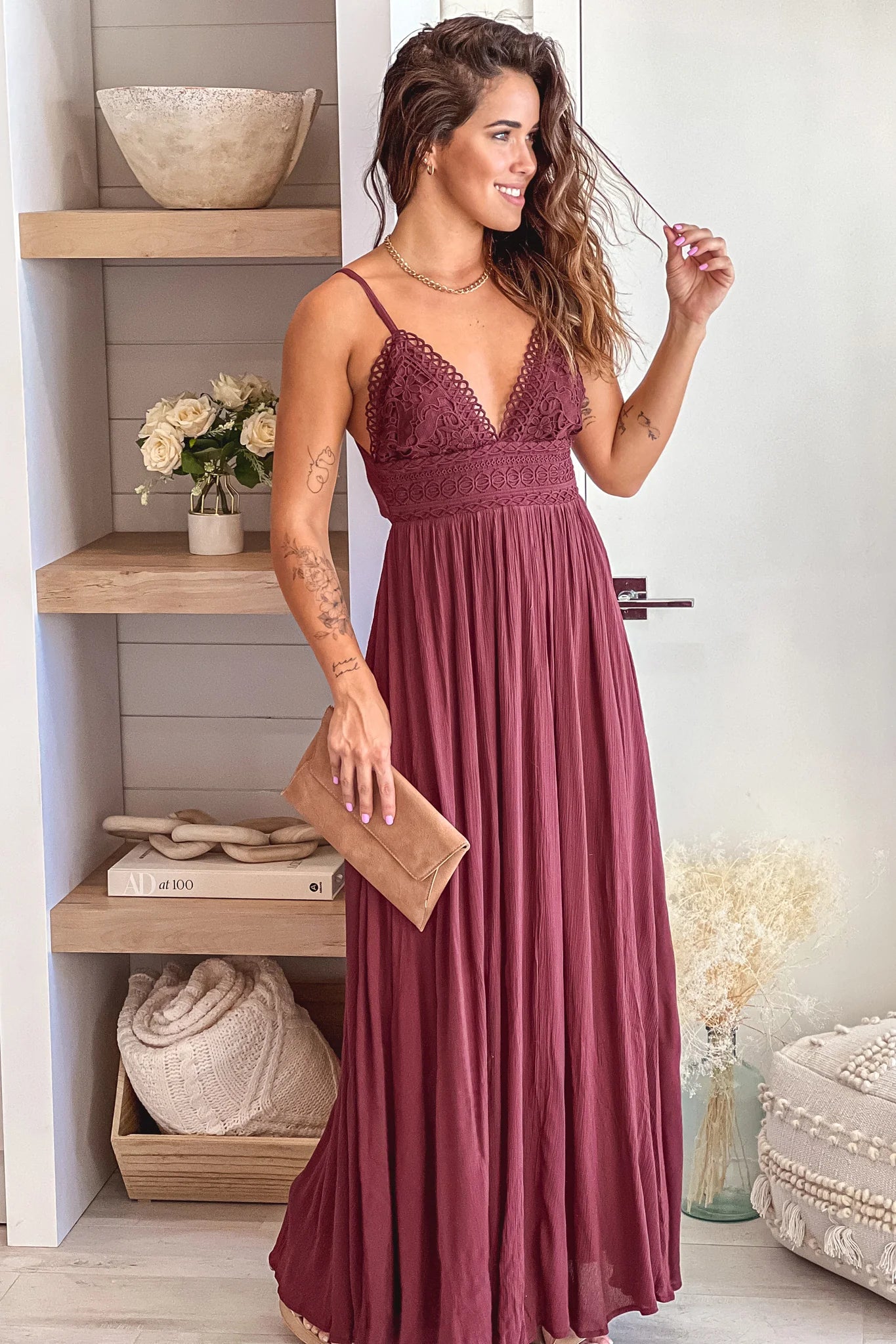 Red Brown Maxi Dress With Tie Back