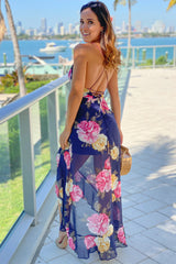 Navy Floral Ruffled Wrap Front Maxi Dress