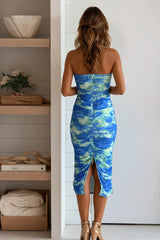 Blue Mesh Printed Midi Dress