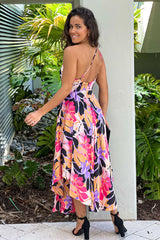 Black And Purple Satin One Shoulder Midi Dress