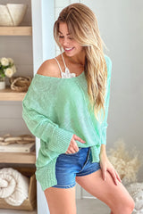 Light Mint V Neck Knit Top With Long Sleeves