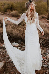 Vintage Sheath Satin V neck Long Sleeve Wedding Dress