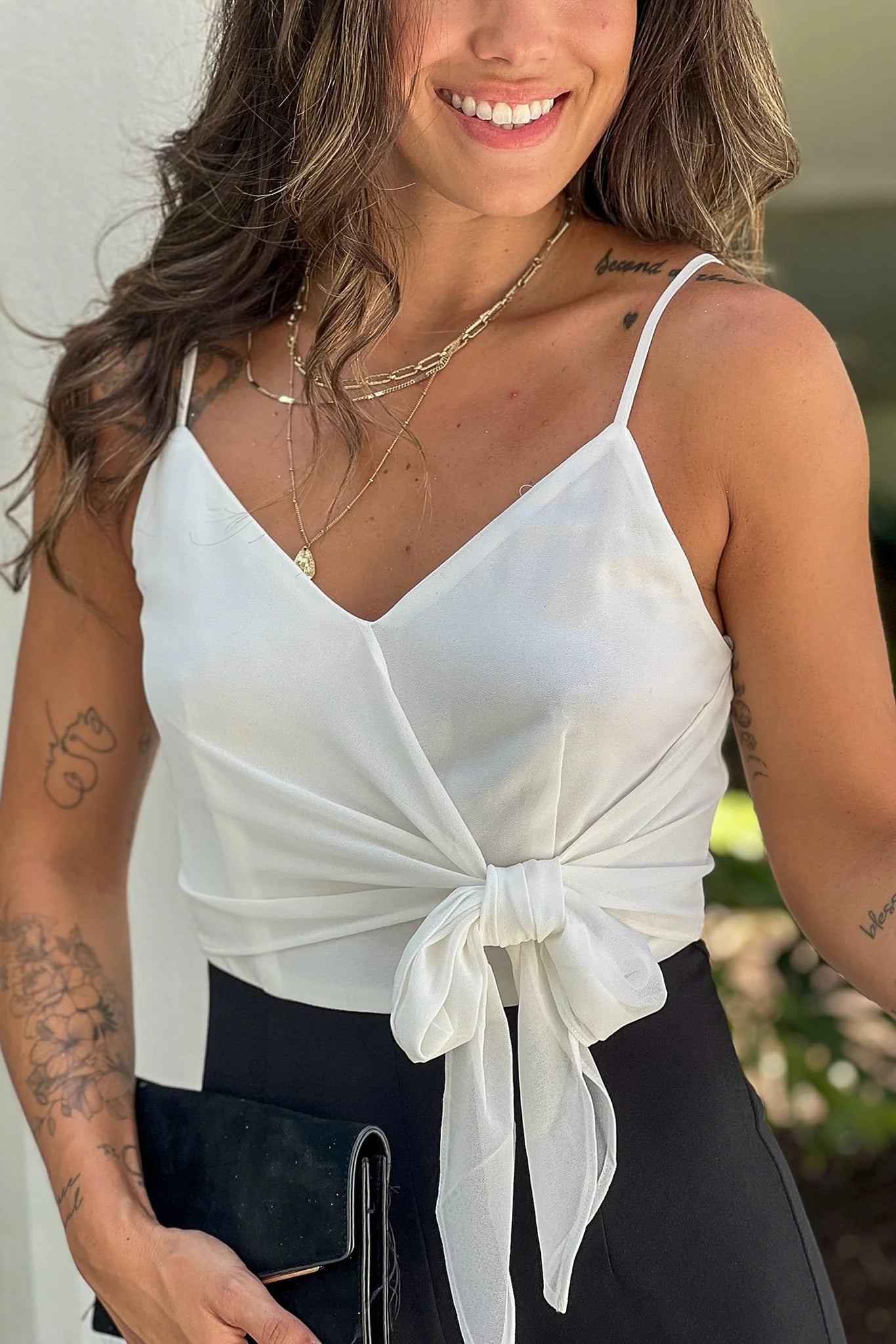 Off White And Black Front Tie Jumpsuit