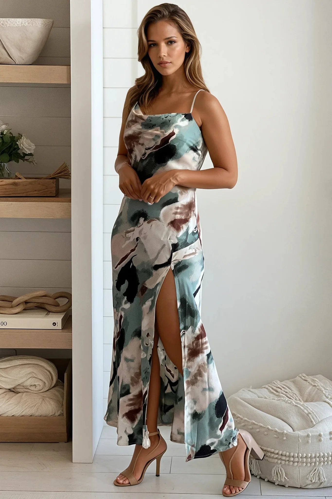 Green Printed Satin Slip Dress