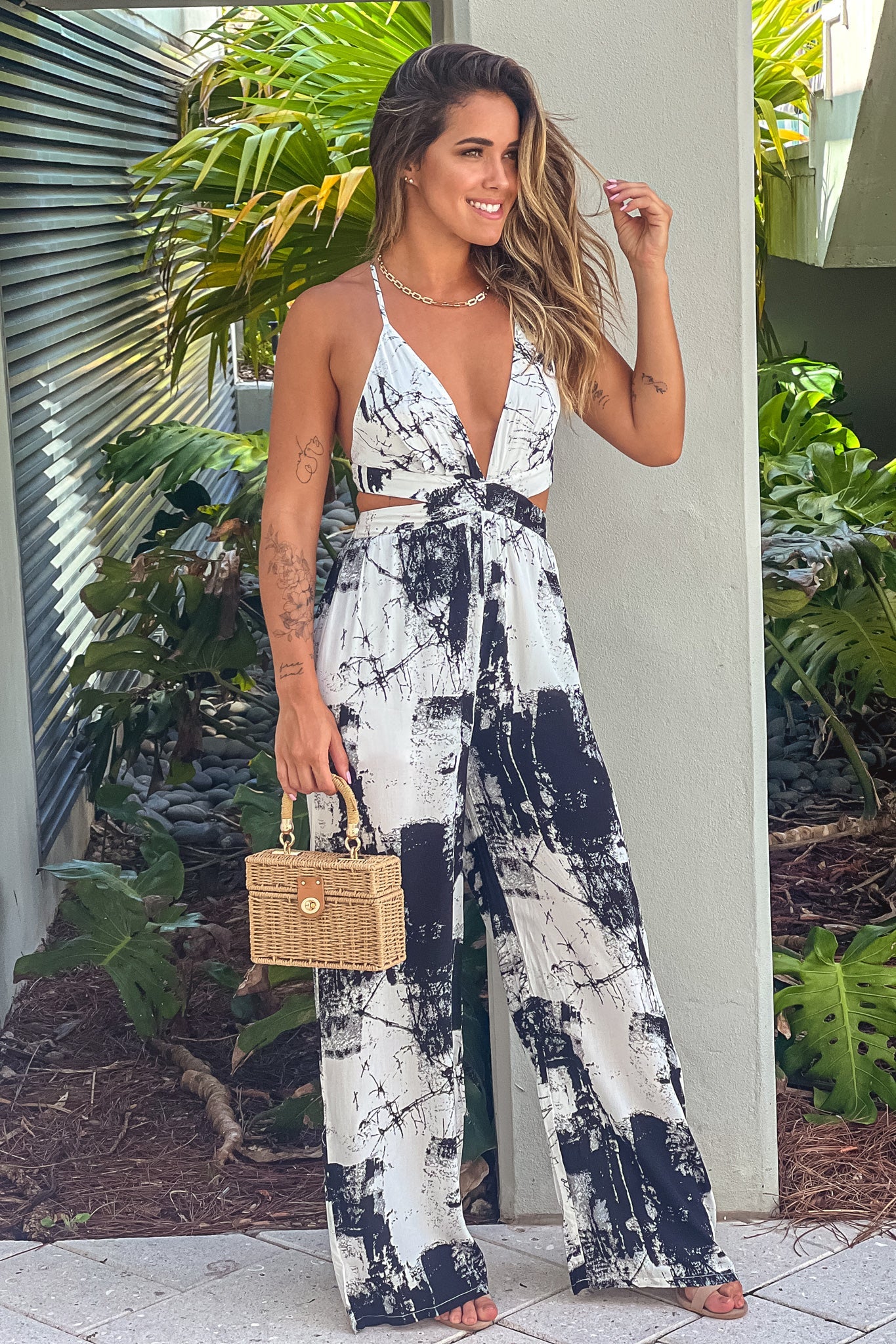 Black Printed Jumpsuit With Criss Cross Back