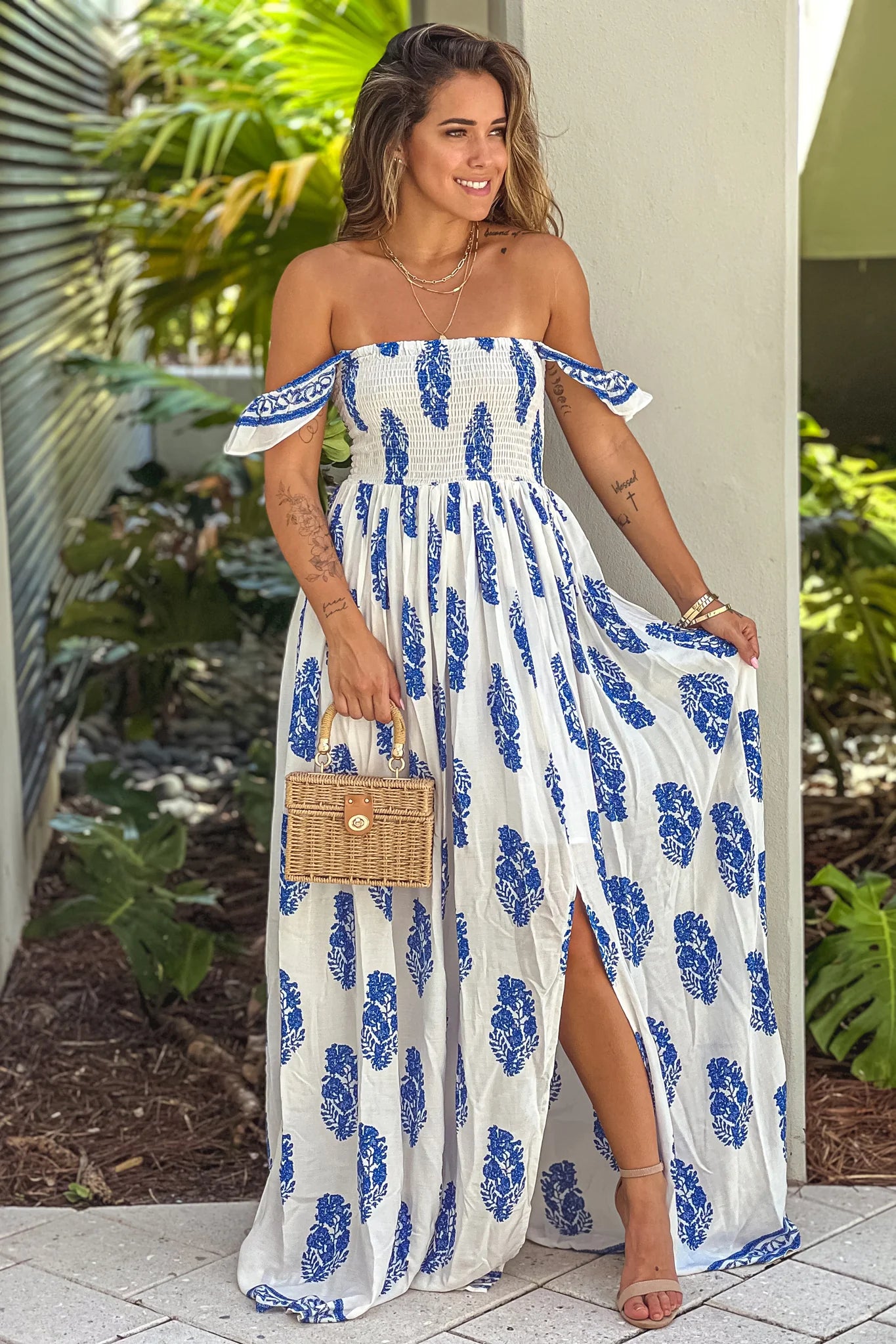 Off White Printed Off Shoulder Maxi Dress With Slit