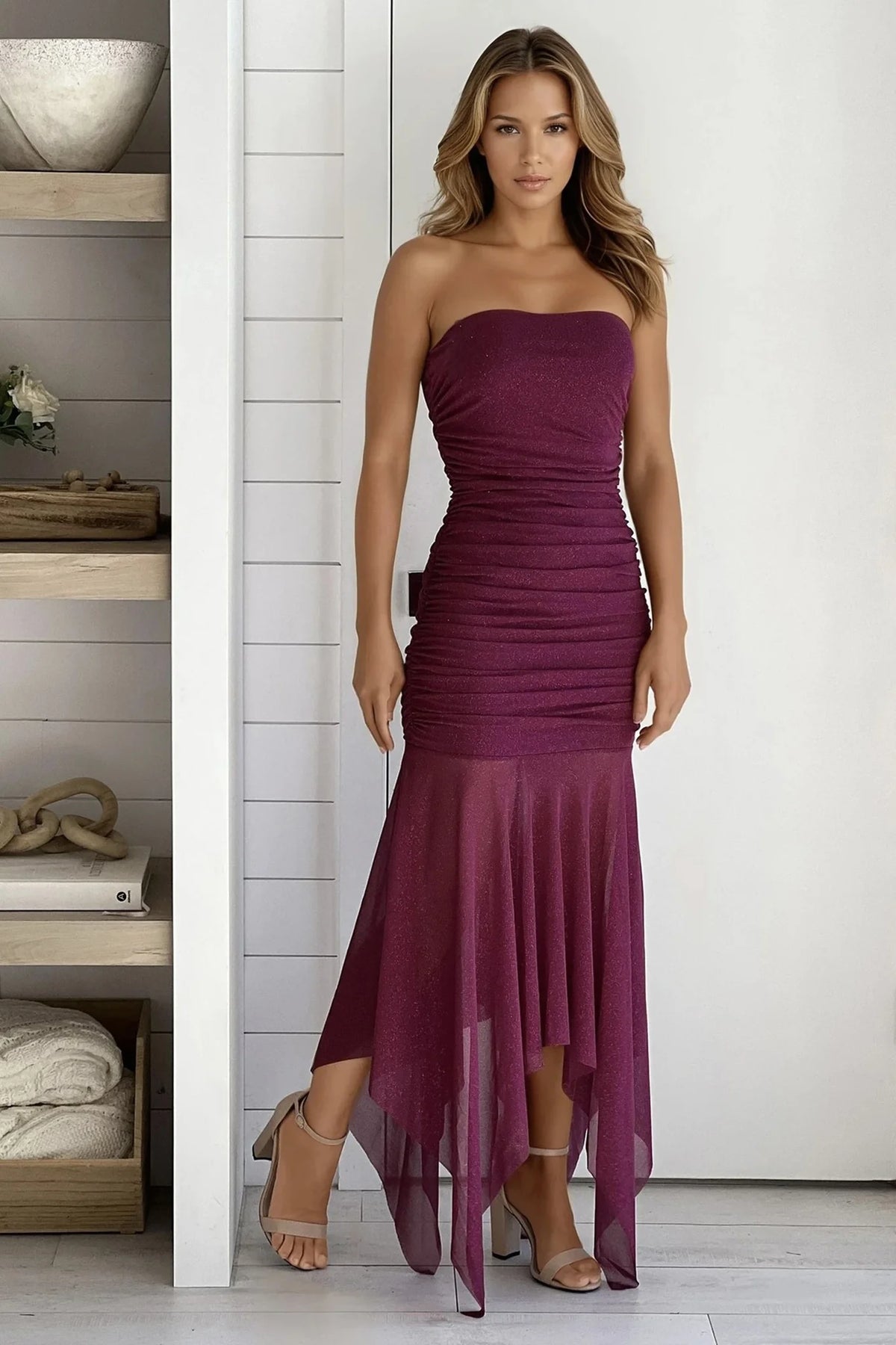 Magenta Glitter Strapless Dress