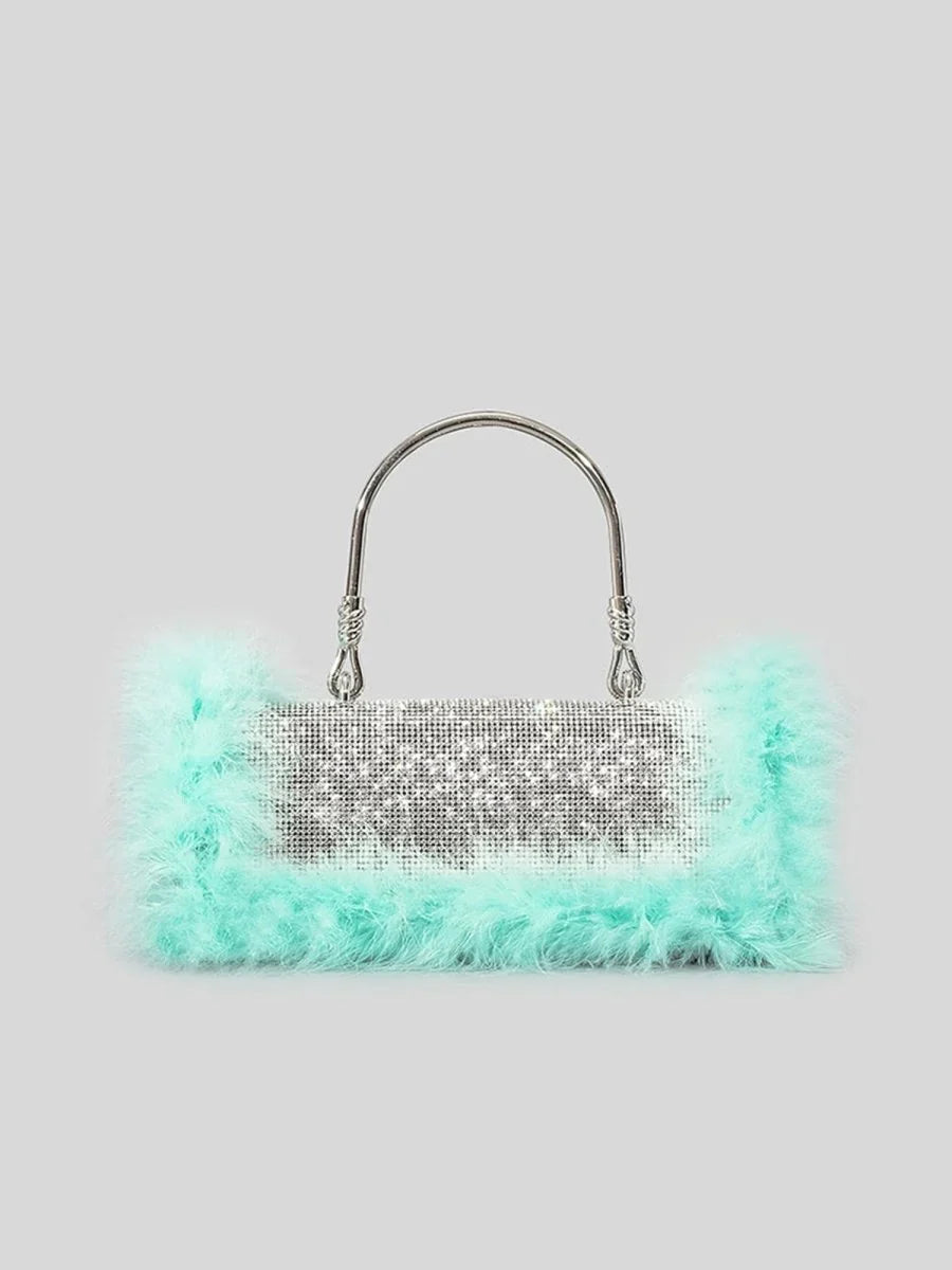 Womens Furry Rhionestones Evening Clutch Bags