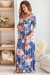 Denim Floral Maternity Maxi Dress with Tie Front