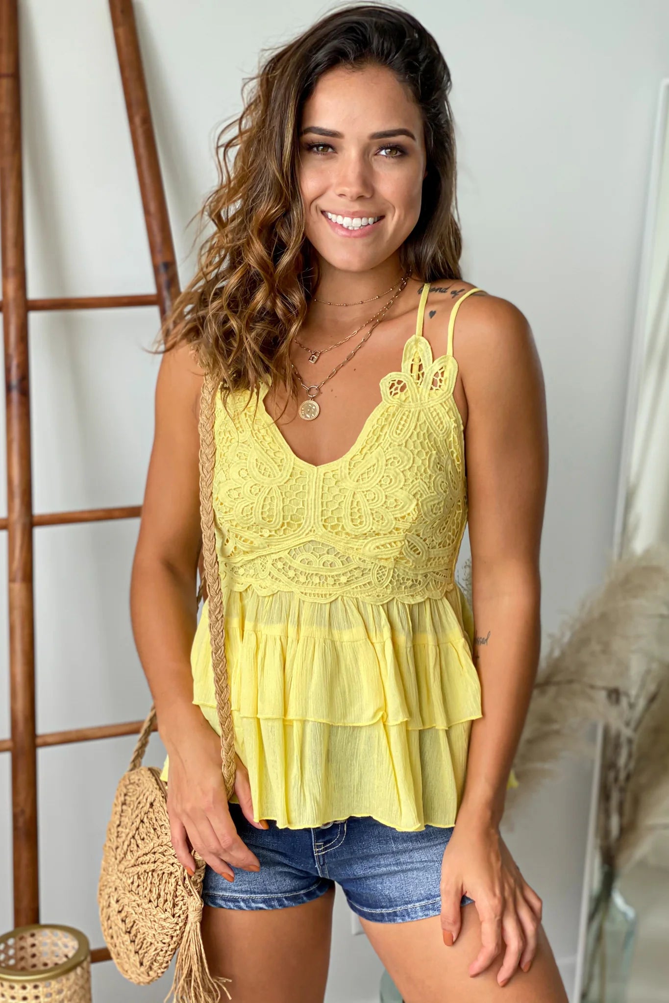 Yellow Lace Trim Tier Ruffle Top