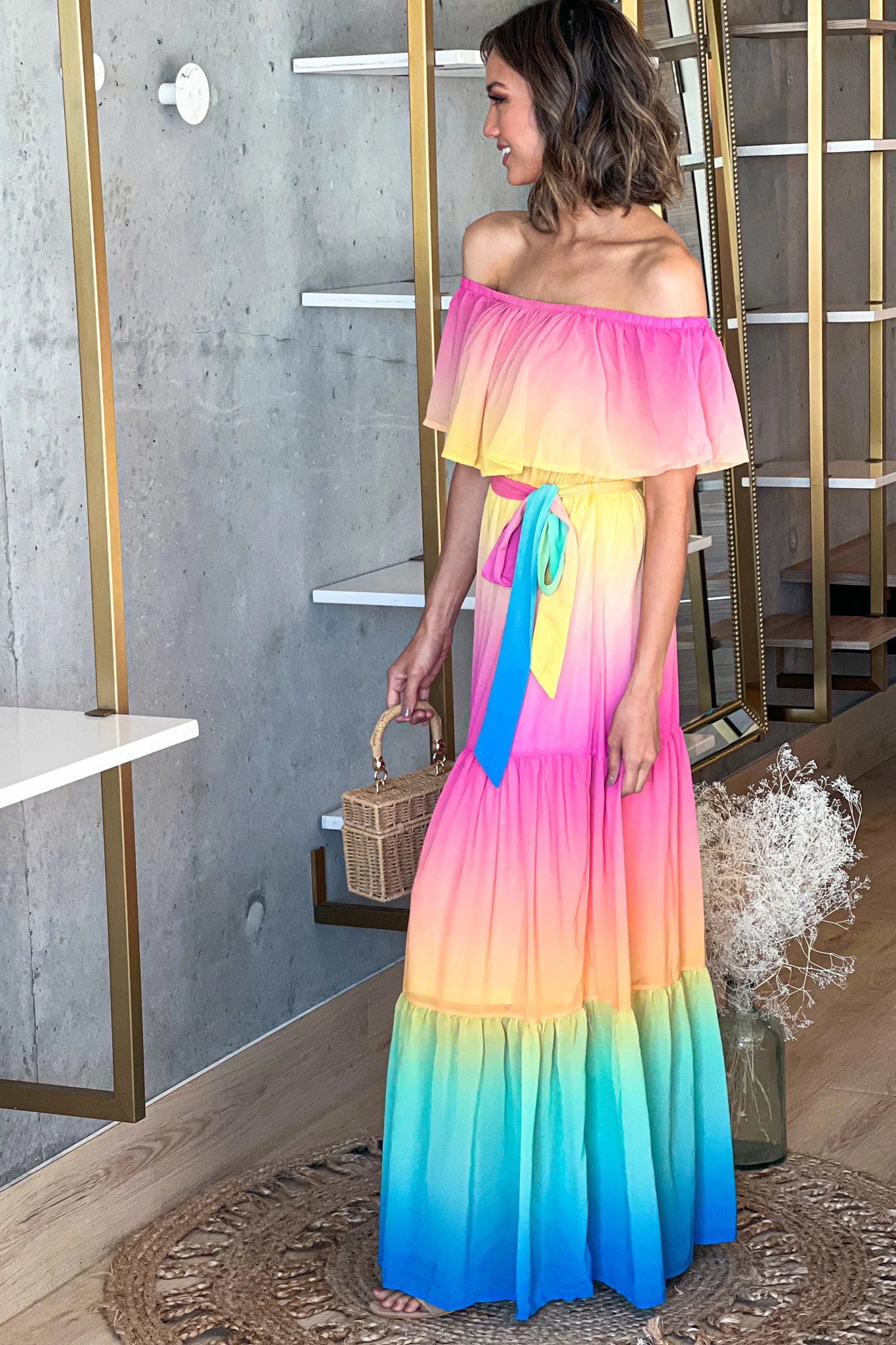 Pink And Yellow Multi Color Off Shoulder Maxi Dress