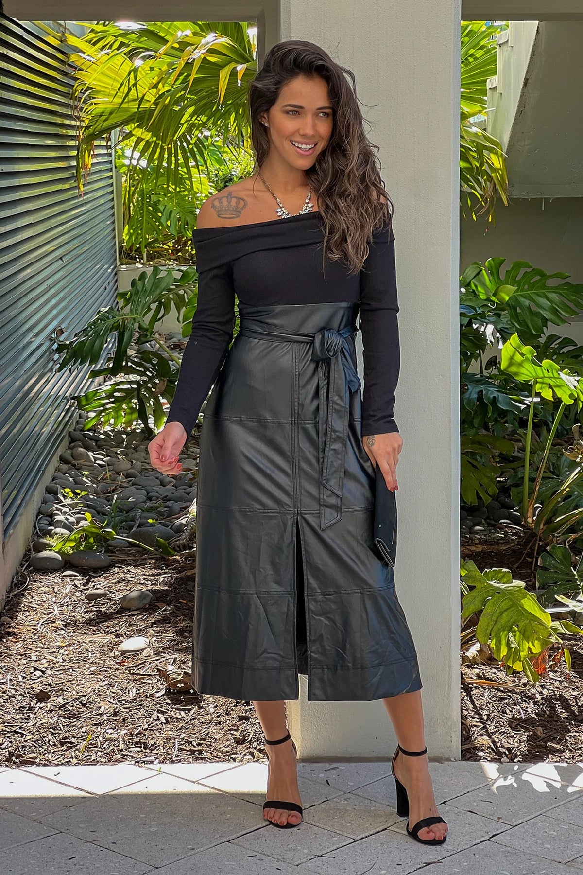 Black Off Shoulder Dress With Faux Leather