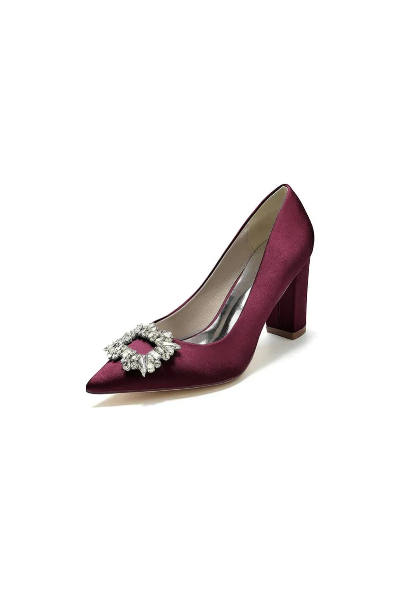 Pointed Toe Block Heels with Rhinestone