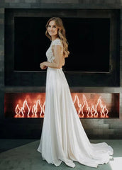 A Line Cap Sleeve Long Backless Wedding Dresses with Appliques