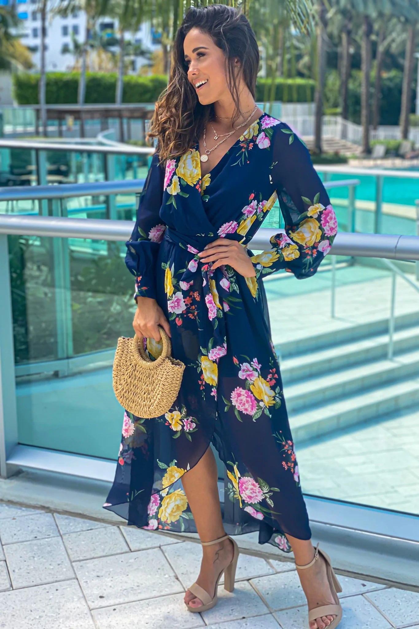 Navy Floral High Low Dress With Long Sleeves
