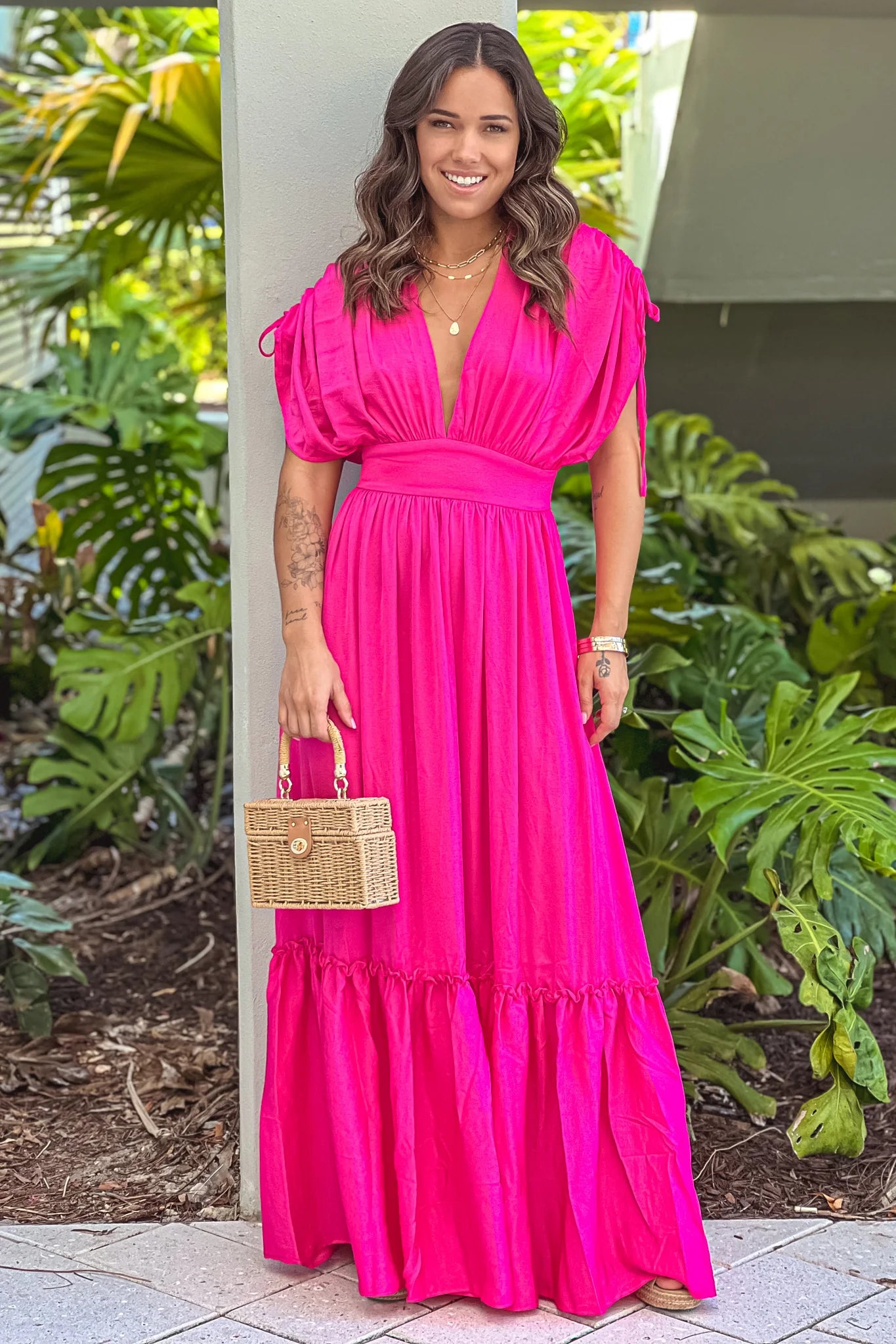 Hot Pink Deep V Neck Maxi Dress